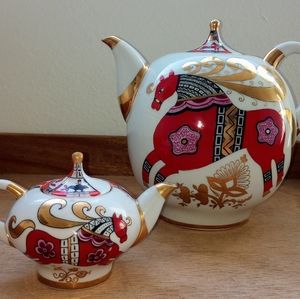 Vintage Lomonosov Porcelain Teapot Set Red Horse
